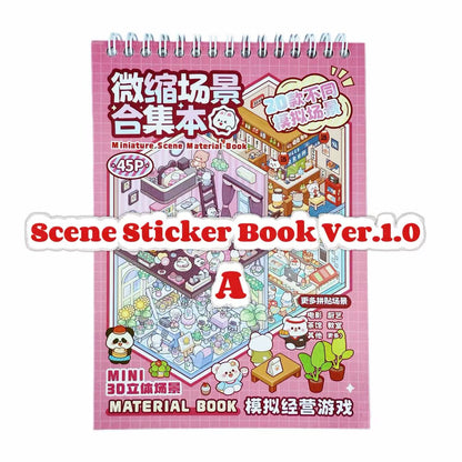 Scene sticker book with miniature scene illustrations on a pink background