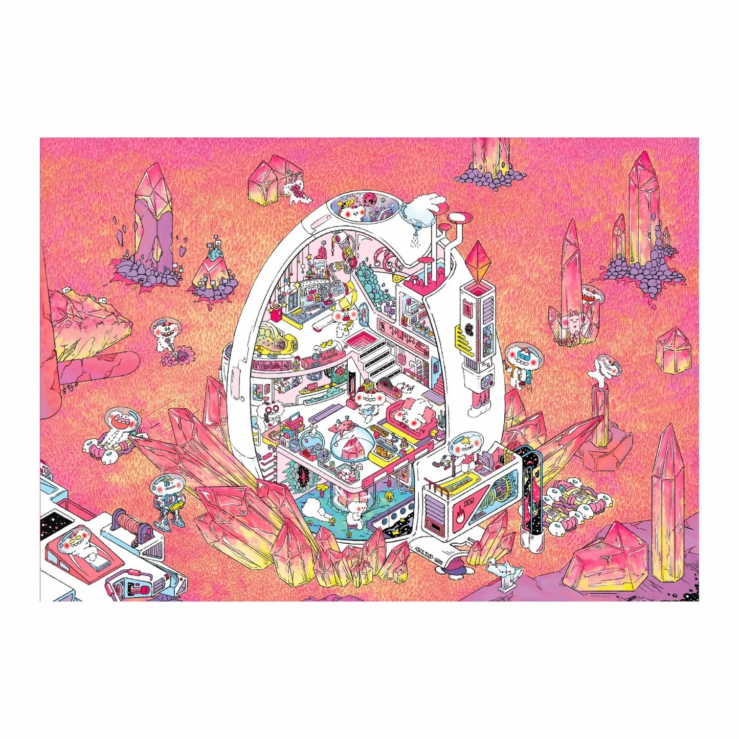 Little Rascals Space Adventure Mission GB504b diorama sticker set main scene. Features an intricate space capsule interior with tiny astronauts, futuristic gadgets, and playful outer space creatures exploring a vibrant alien planet with crystal formations.