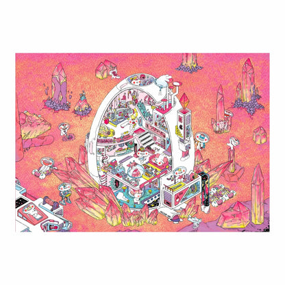 Little Rascals Space Adventure Mission GB504b diorama sticker set main scene. Features an intricate space capsule interior with tiny astronauts, futuristic gadgets, and playful outer space creatures exploring a vibrant alien planet with crystal formations.
