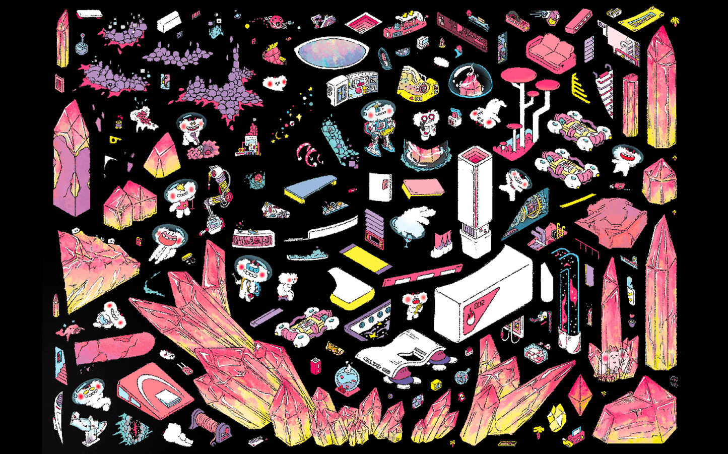 Transparent PET sticker sheet for Little Rascals Space Adventure Mission GB504b diorama. Includes key elements from the main scene like astronauts, alien creatures, furniture, and control panels to be applied onto the background card for a completed sci-fi space capsule look