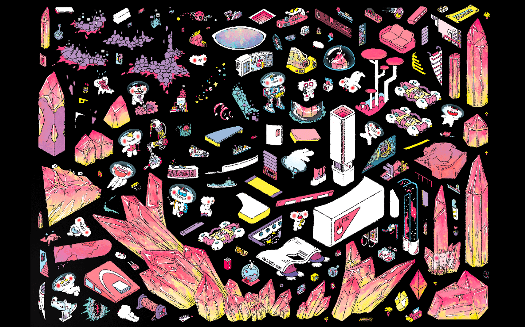 Transparent PET sticker sheet for Little Rascals Space Adventure Mission GB504b diorama. Includes key elements from the main scene like astronauts, alien creatures, furniture, and control panels to be applied onto the background card for a completed sci-fi space capsule look