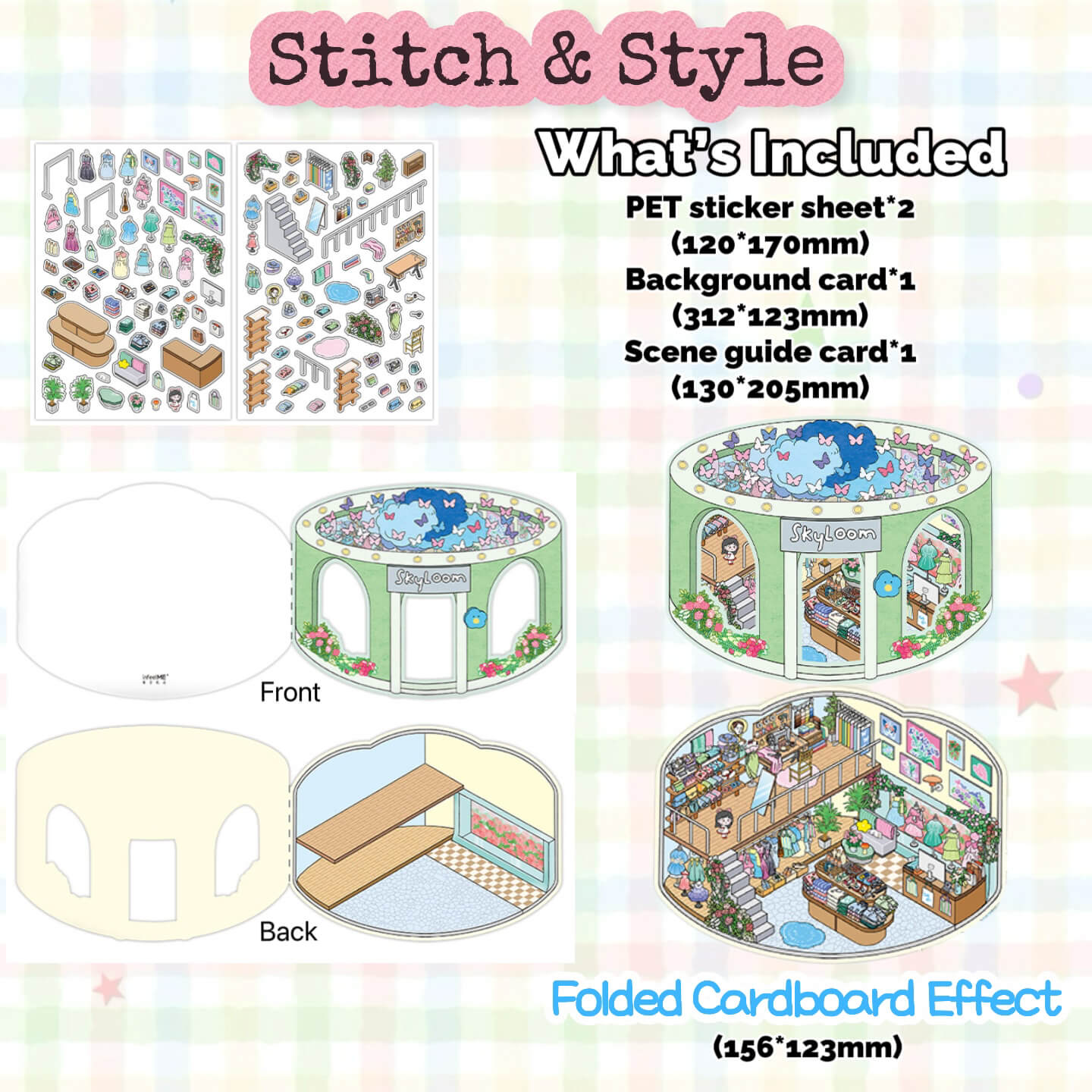 Product packaging for 'Stitch & Style' with illustrations of a pet store and included items.