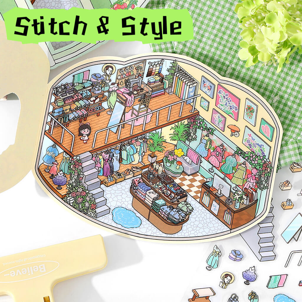 Illustration of a fashion store with 'Stitch & Style' branding
