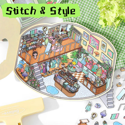 Illustration of a fashion store with 'Stitch & Style' branding