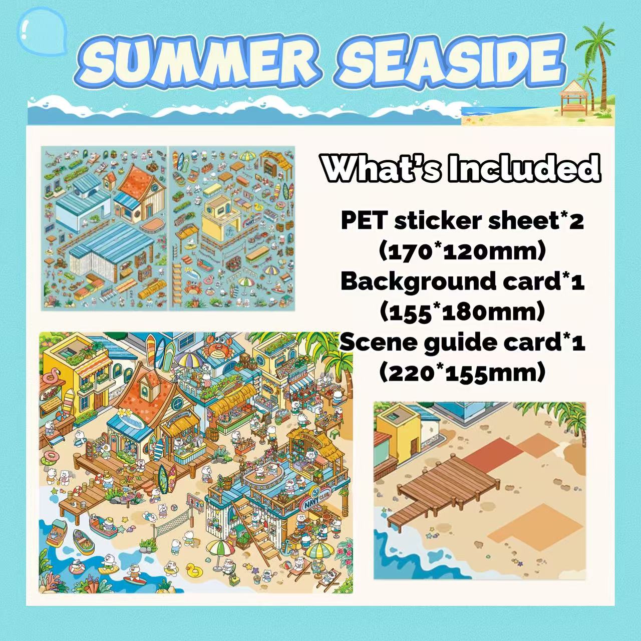 Summer Seaside themed product packaging with illustrations and dimensions on a light blue background.