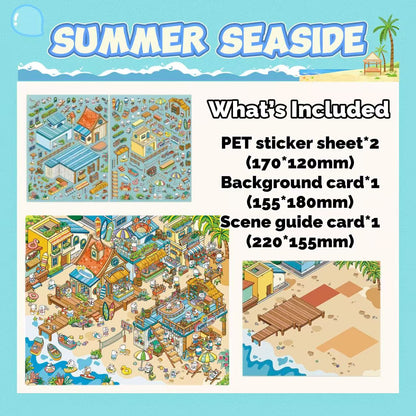 Summer Seaside themed product packaging with illustrations and dimensions on a light blue background.