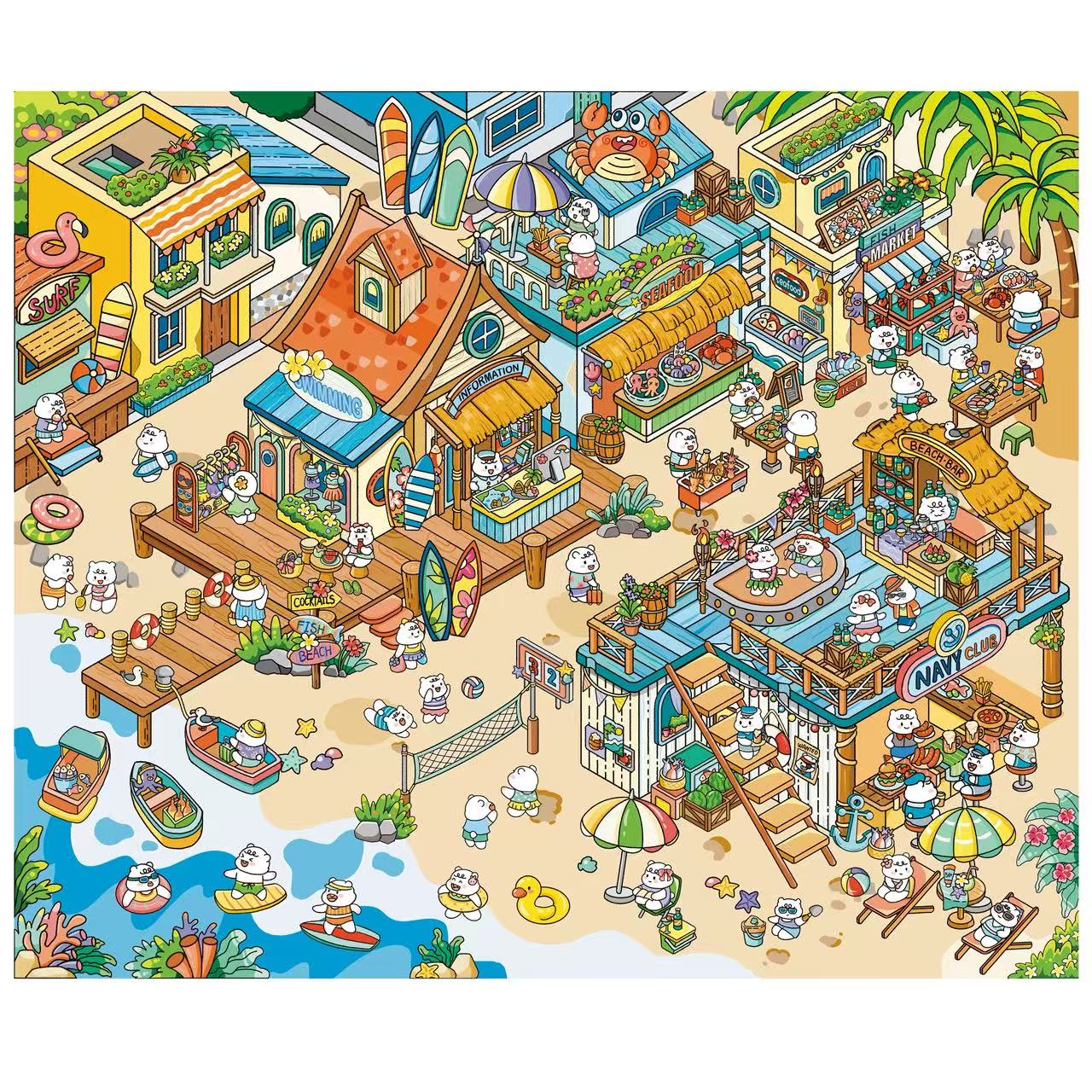 Colorful illustration of a beachside town with shops, people, and activities.