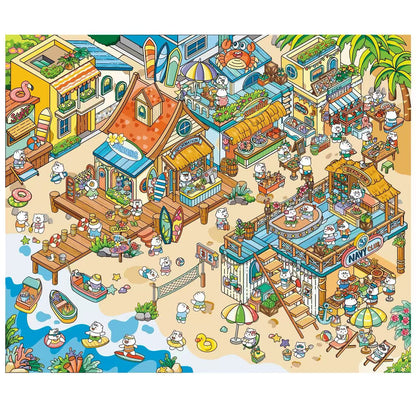 Colorful illustration of a beachside town with shops, people, and activities.