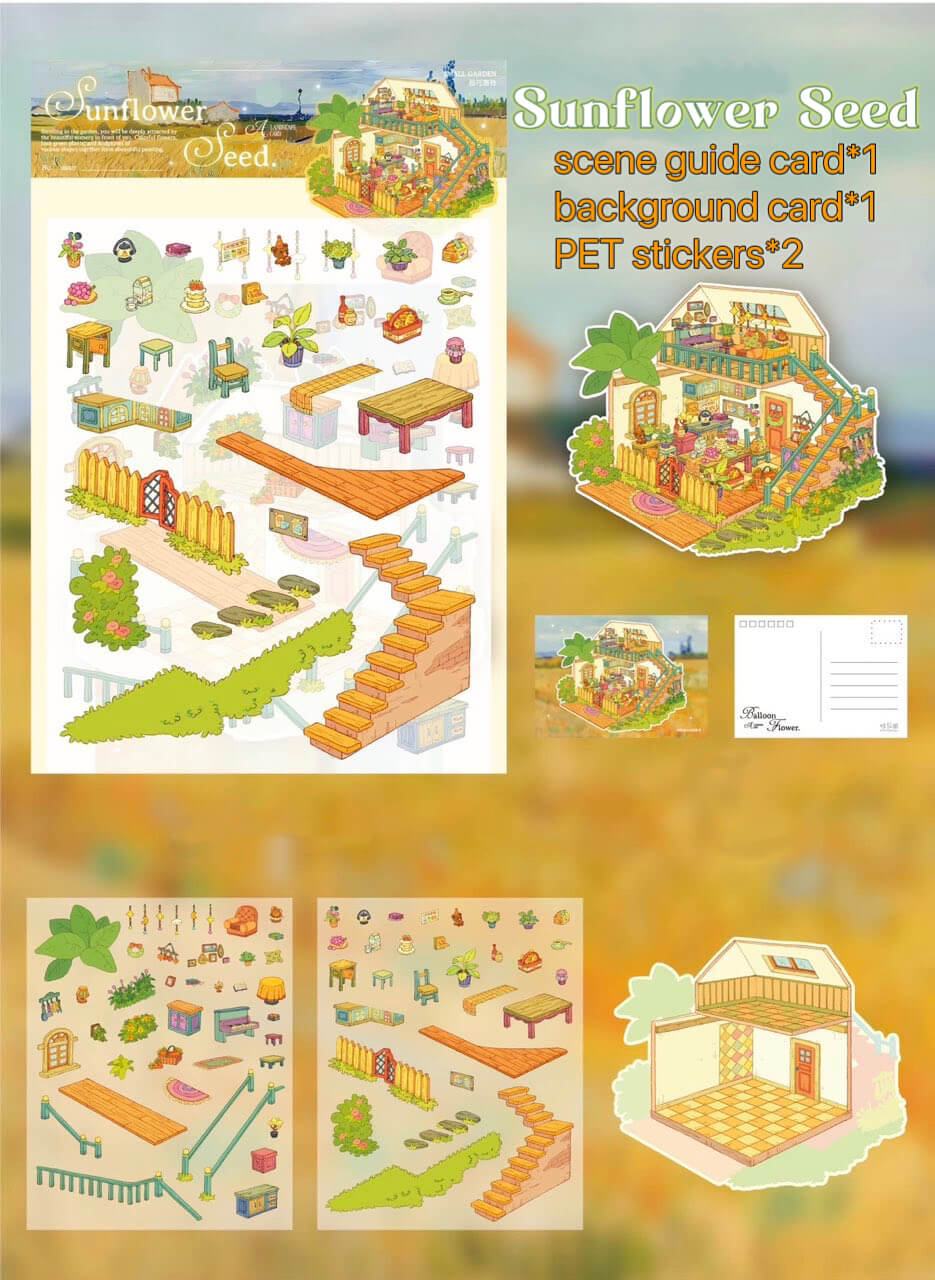Sunflower Seed sticker kit with a cozy two-story countryside house scene; includes 2 PET sticker sheets, 1 background card, and 1 scene guide.