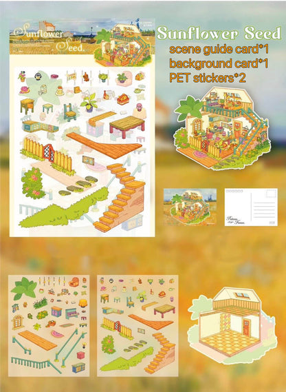 Sunflower Seed sticker kit with a cozy two-story countryside house scene; includes 2 PET sticker sheets, 1 background card, and 1 scene guide.