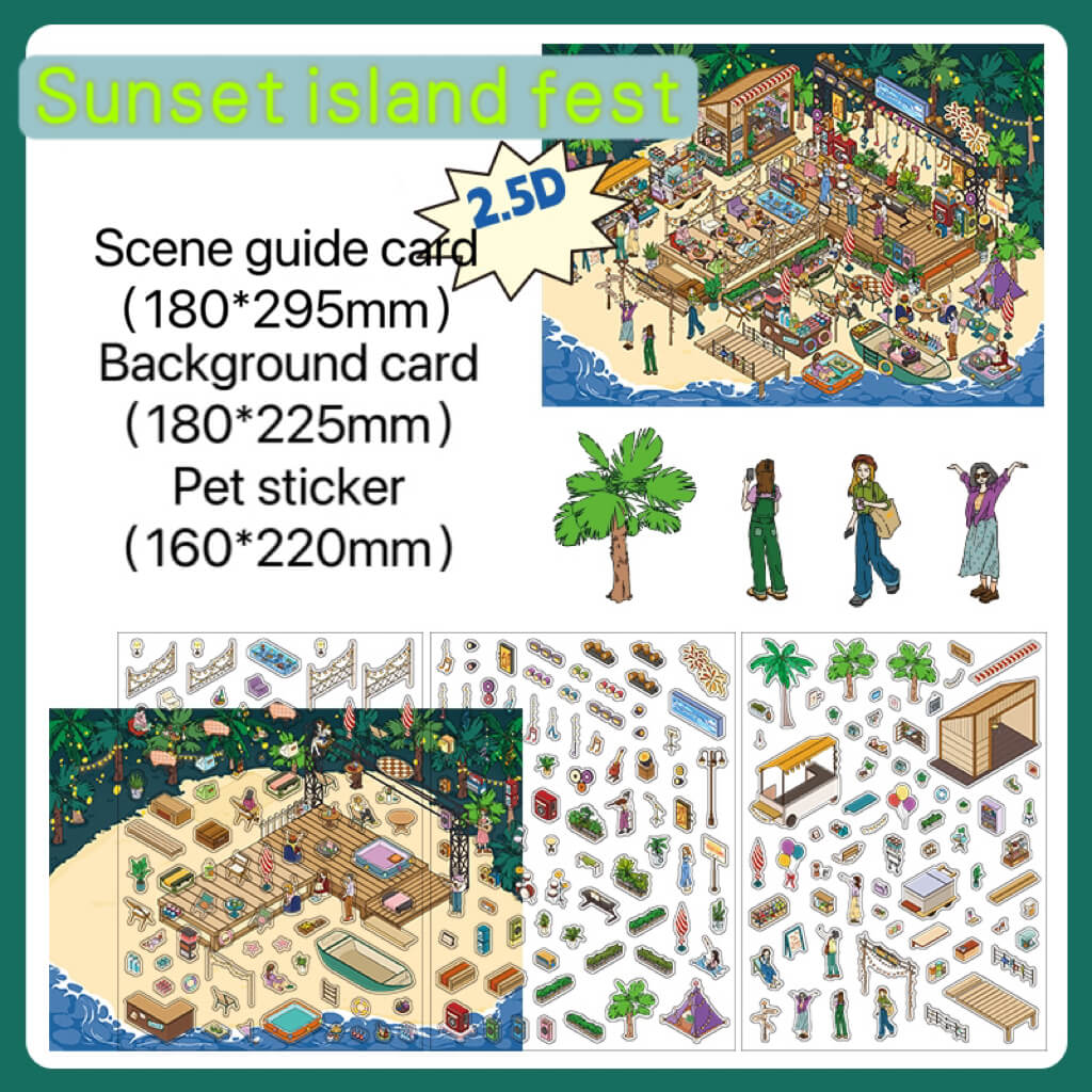 Doublewoo Sunset Island Fest sticker set unboxing – includes 1 scene guide card, 1 tropical beach background card, and 3 PET sticker sheets with summer festival elements like palm trees, food stalls, boats, and characters for journaling and scrapbooking.