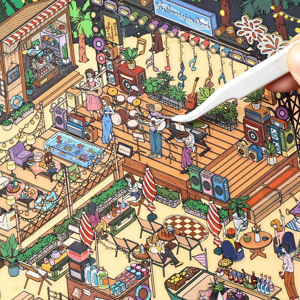 Close-up of Doublewoo Sunset Island Fest scene – detailed view of characters playing musical instruments on stage, part of a tropical festival sticker setup for journaling, scrapbooking, and creative scene decoration
