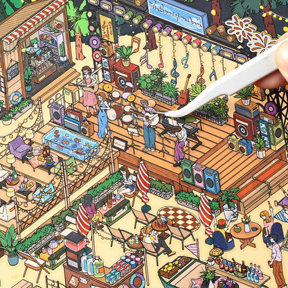 Close-up of Doublewoo Sunset Island Fest scene – detailed view of characters playing musical instruments on stage, part of a tropical festival sticker setup for journaling, scrapbooking, and creative scene decoration