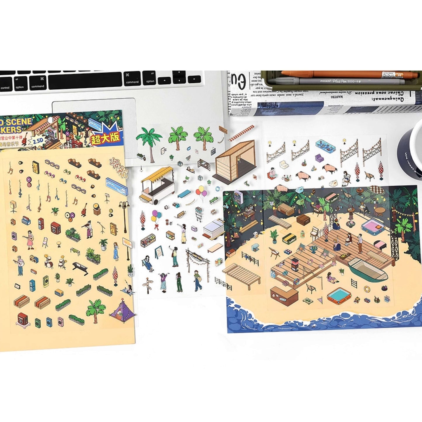 Doublewoo Sunset Island Fest PET scenery sticker sheets – vibrant decorative stickers with summer beach festival elements like food stalls, palm trees, boats, and people for journaling, scrapbooking, and creative scene building.