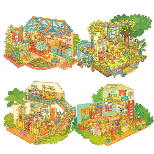 A colorful cottage-themed sticker set featuring four cozy scenes: a kitchen, garden, countryside home, and tea room, full of plants and everyday charm