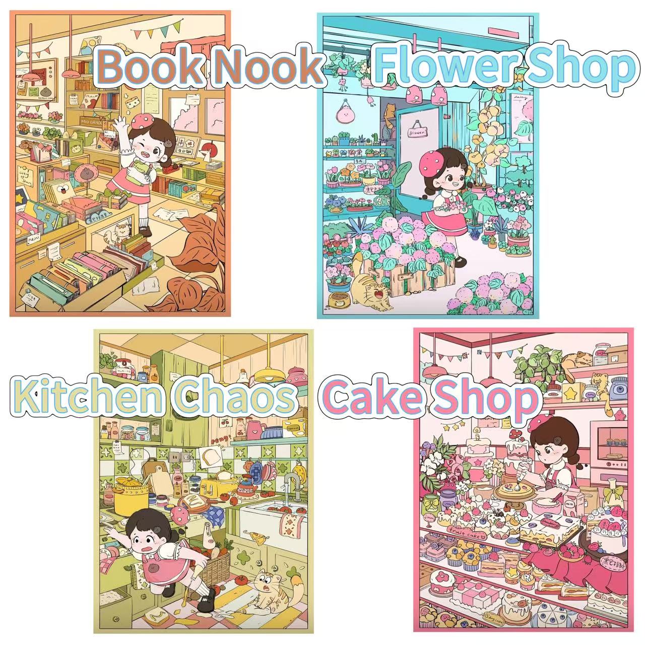Tiny Shop Series scenery sticker set – 4 cute and cozy shop scenes with a girl and her cat