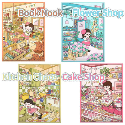 Tiny Shop Series scenery sticker set – 4 cute and cozy shop scenes with a girl and her cat