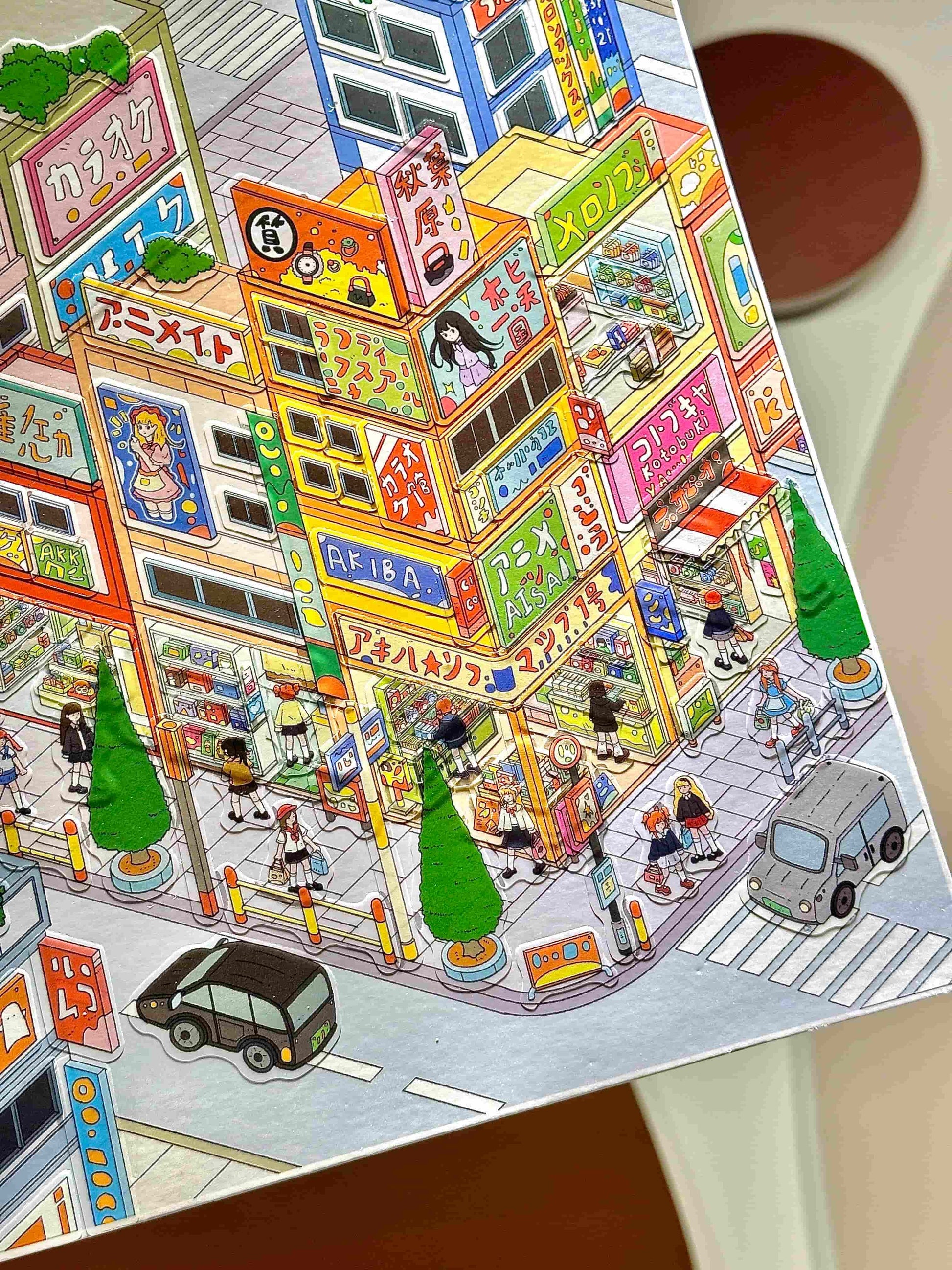 Colorful illustration of a busy city street with various shops and people.