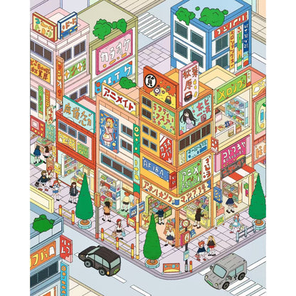 Isometric illustration of a colorful city street with various shops and people.