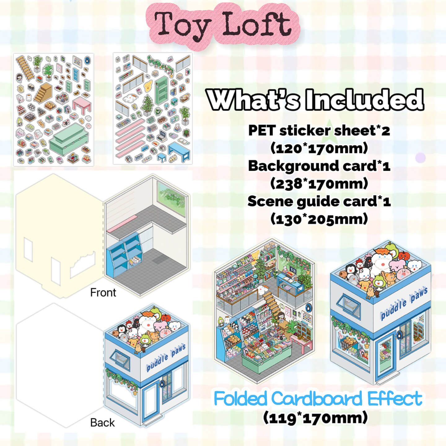 Toy Loft product set with packaging and included items on a colorful background