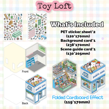 Toy Loft product set with packaging and included items on a colorful background