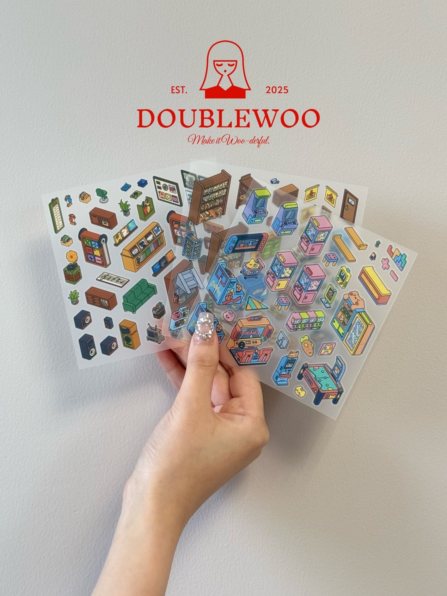 Close-up of WAKUWAKU 2.0 PET stickers – colorful, waterproof scenery decals