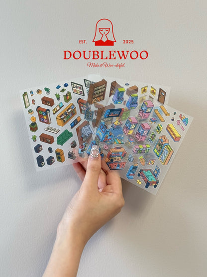 Close-up of WAKUWAKU 2.0 PET stickers – colorful, waterproof scenery decals