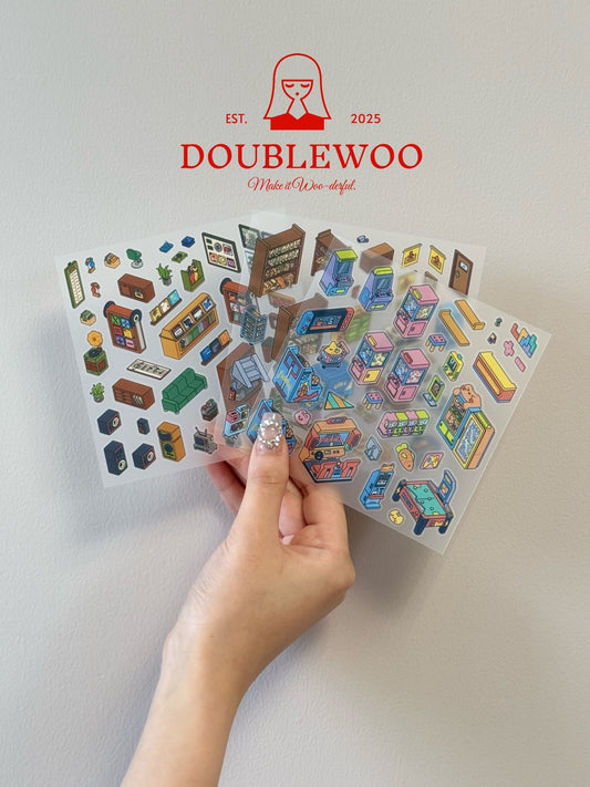 Close-up of WAKUWAKU 2.0 PET stickers – colorful, waterproof scenery decals