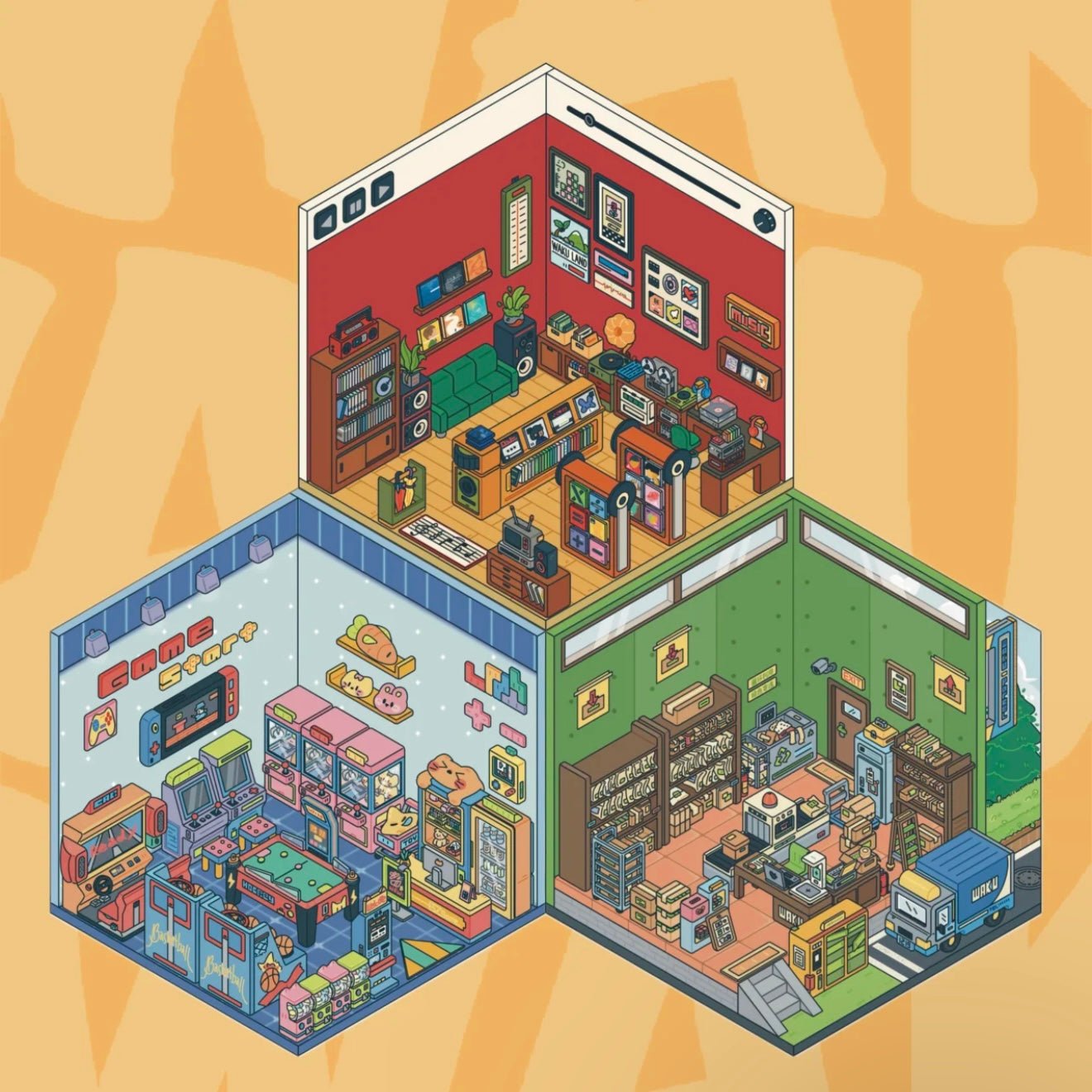 WAKUWAKU 2.0 DIY Scenery Sticker Set – Arcade, Parcel Hub & Record Store – DOUBLEWOO exclusive