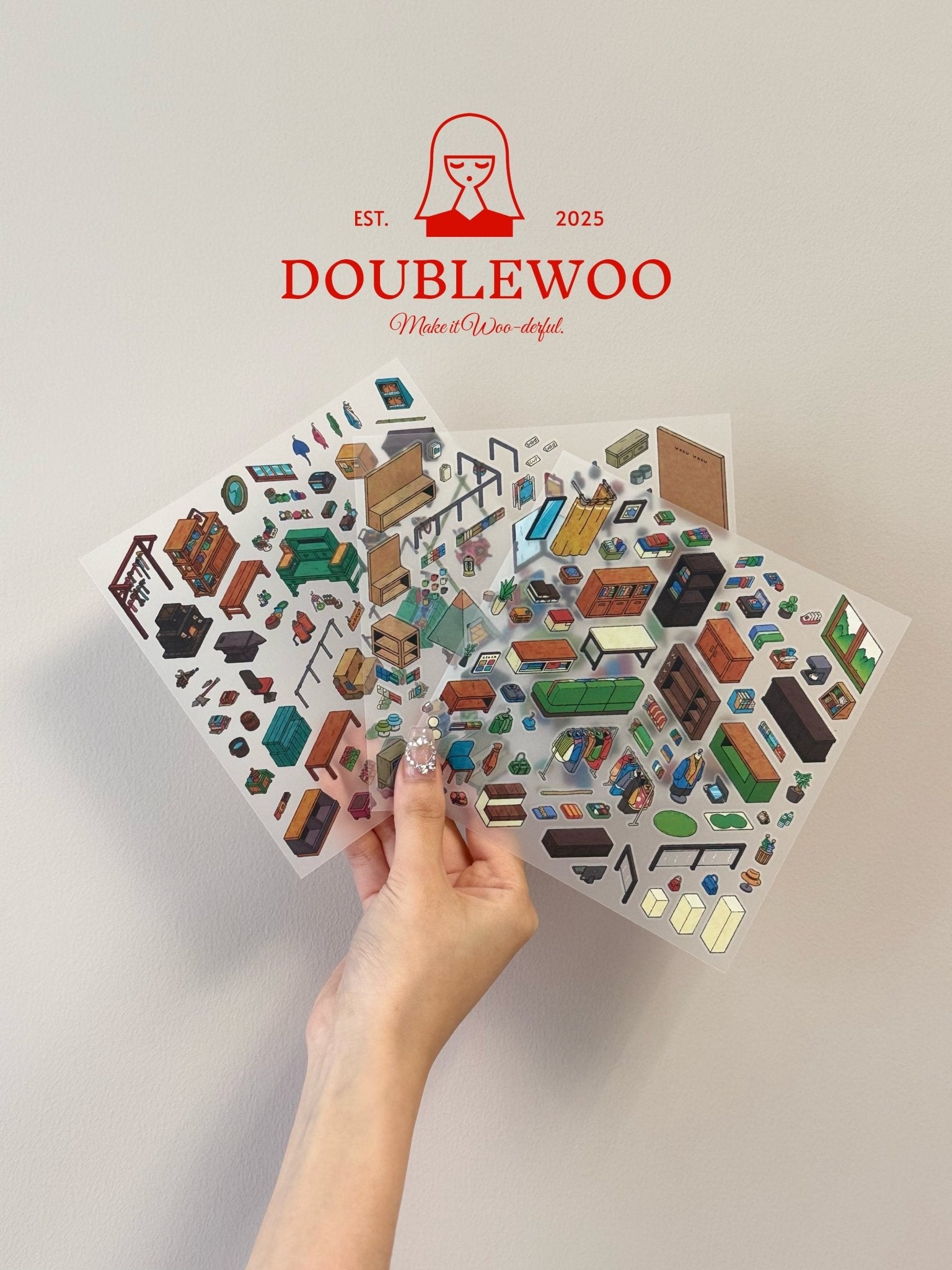 Real-life photo of all PET sticker sheets from WakuWaku – New Civilization, Fashion Boutique, and Outdoor Store designs on clear film