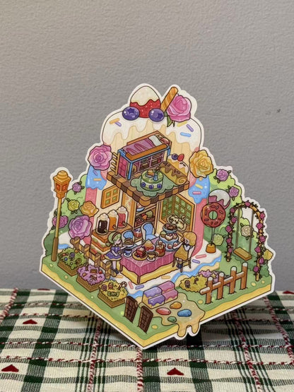 Finished sticker scene – Sweet Manor set with vintage house, floral garden, and delicate decor details