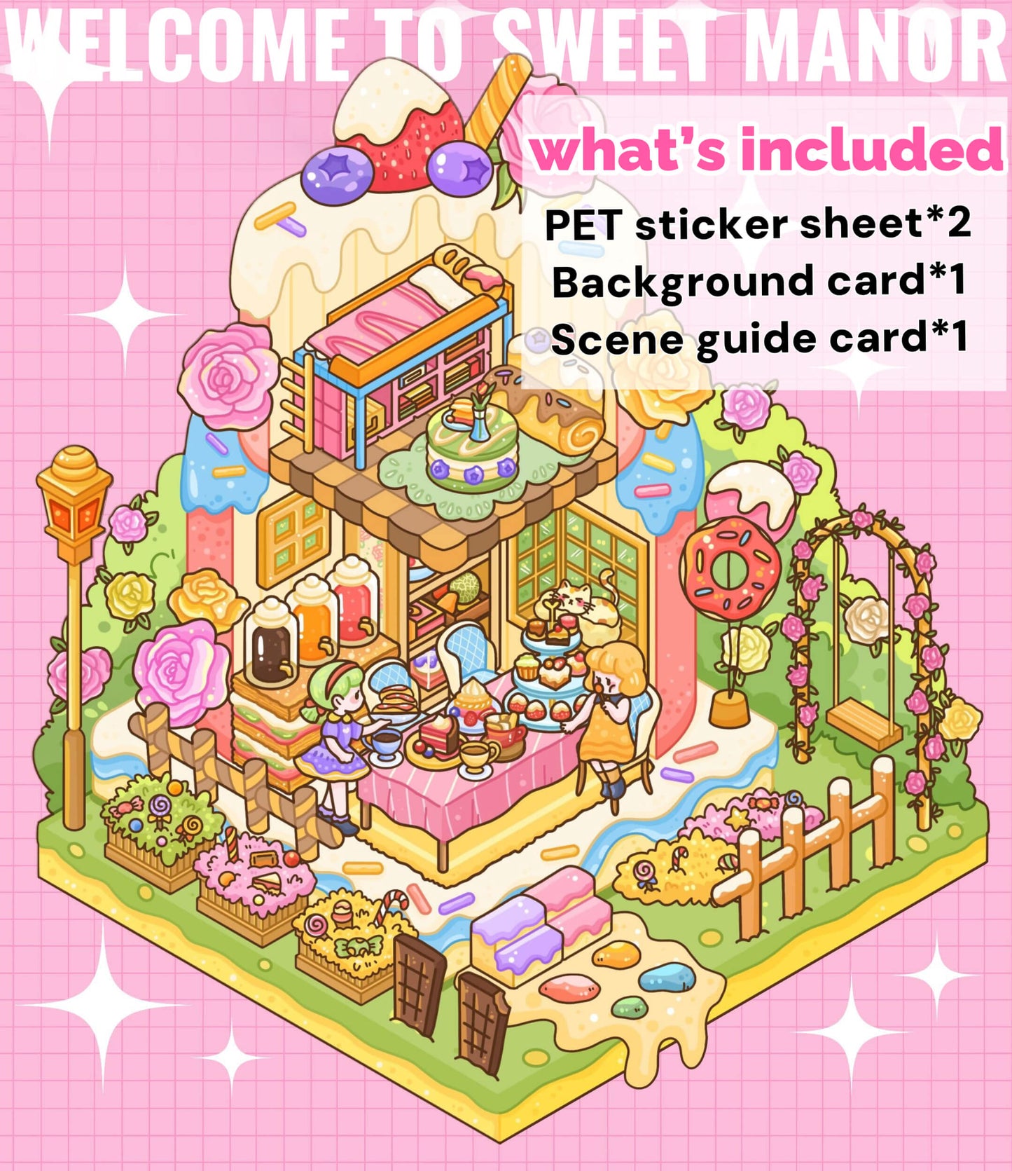Welcome to Sweet Manor scenery sticker – charming manor house with whimsical garden and vintage details