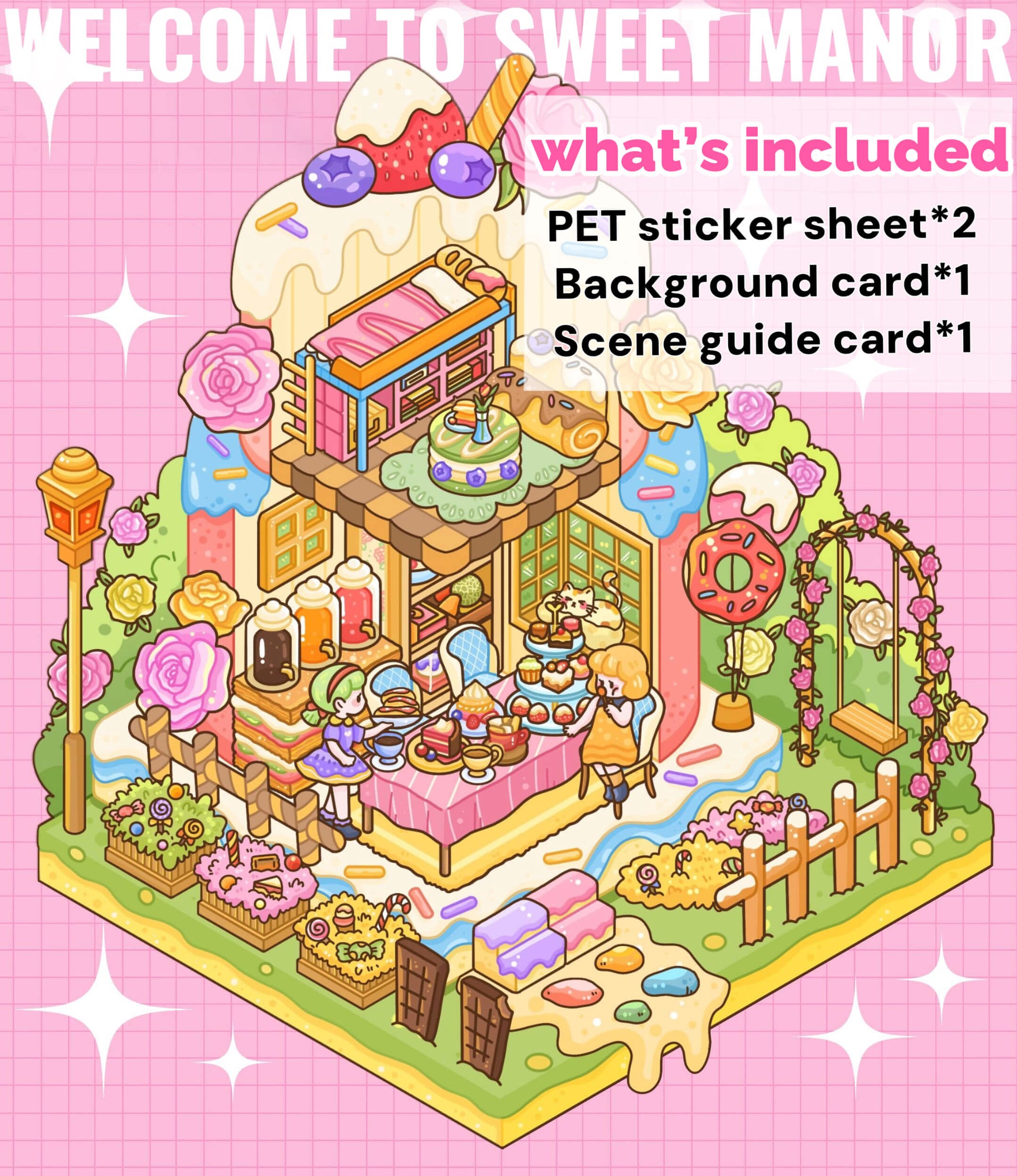 Welcome to Sweet Manor scenery sticker – charming manor house with whimsical garden and vintage details