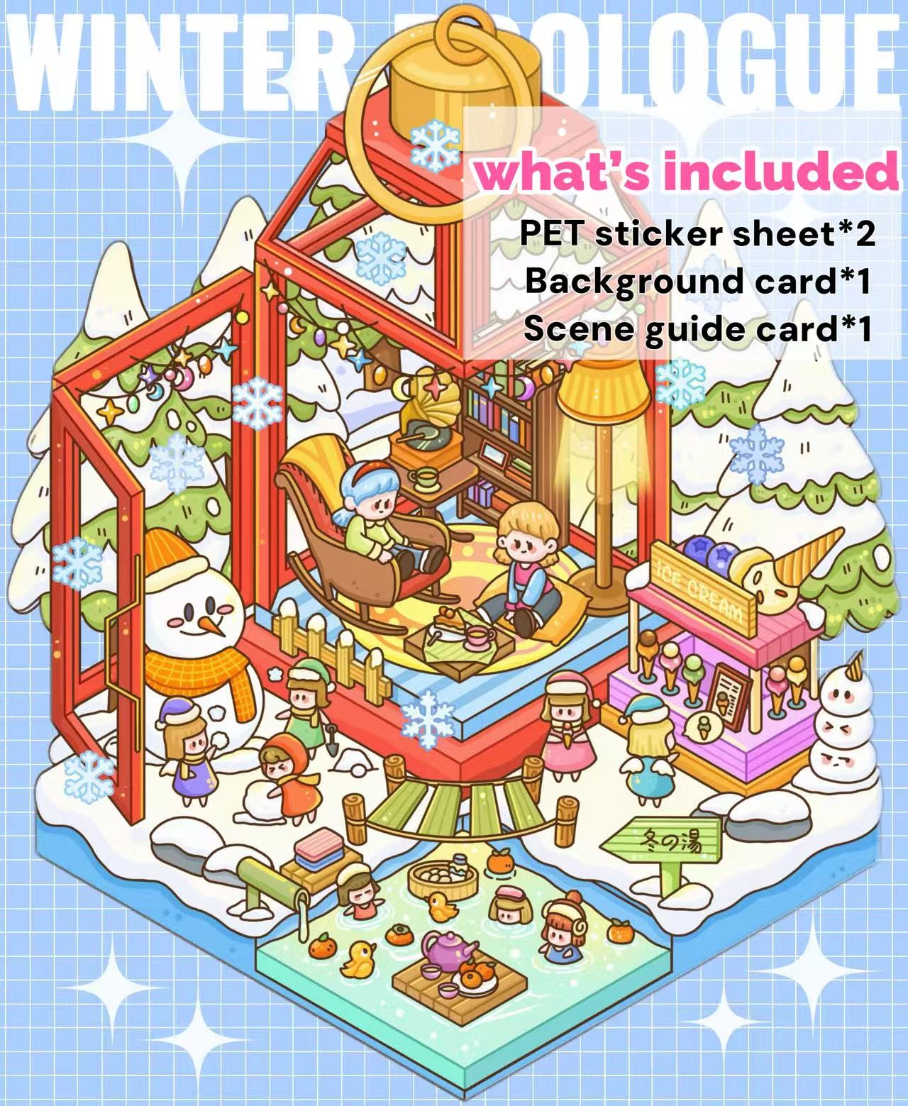 Winter Prologue scenery sticker – snowy village scene with cozy cabins and winter forest landscape