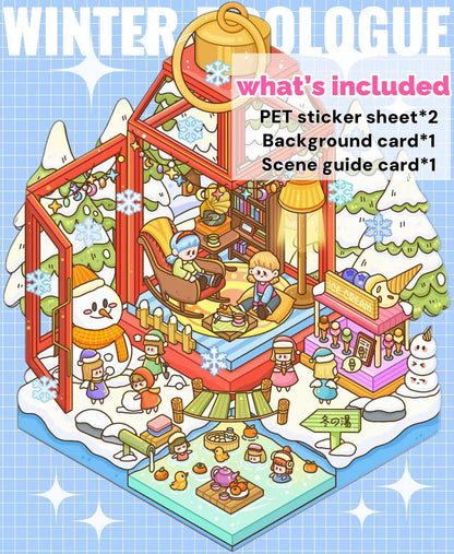 Winter Prologue scenery sticker – snowy village scene with cozy cabins and winter forest landscape