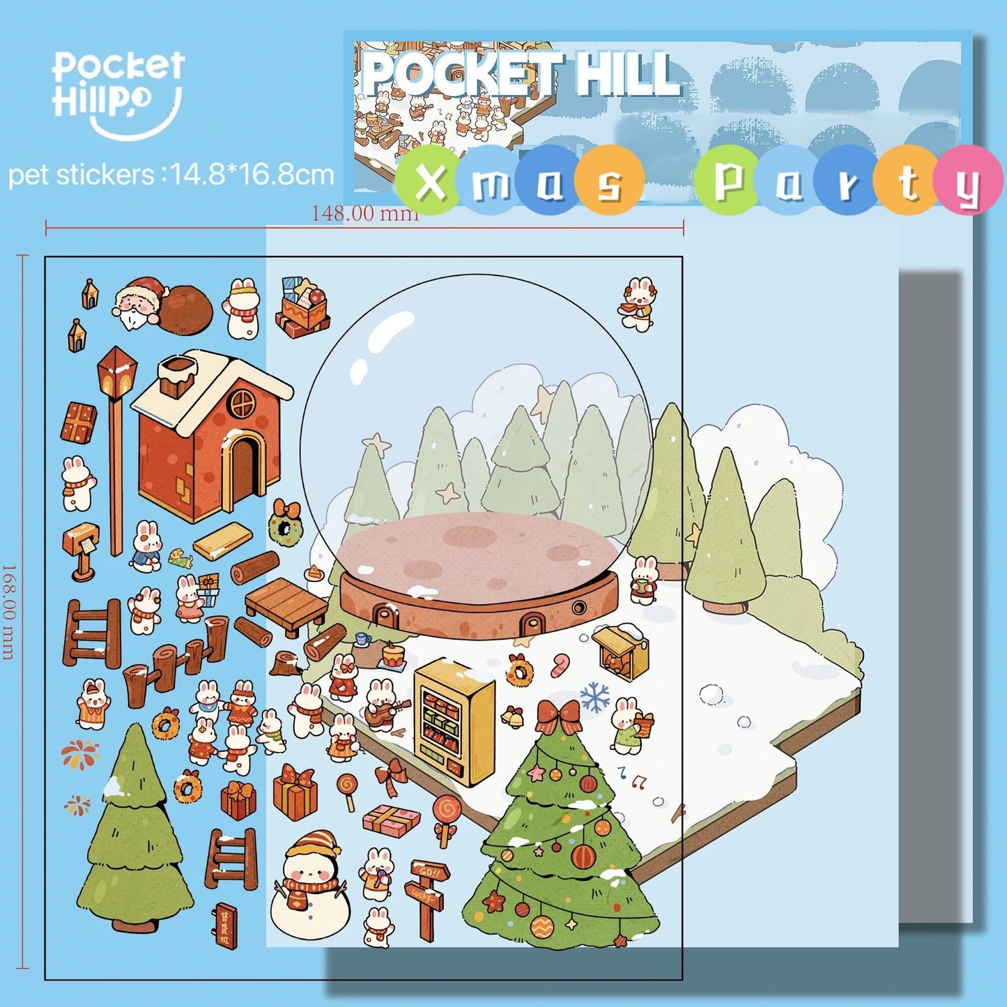 Snow globe Christmas party sticker – bunnies, snowman, gingerbread – Pocket Hill By DOUBLEWOO