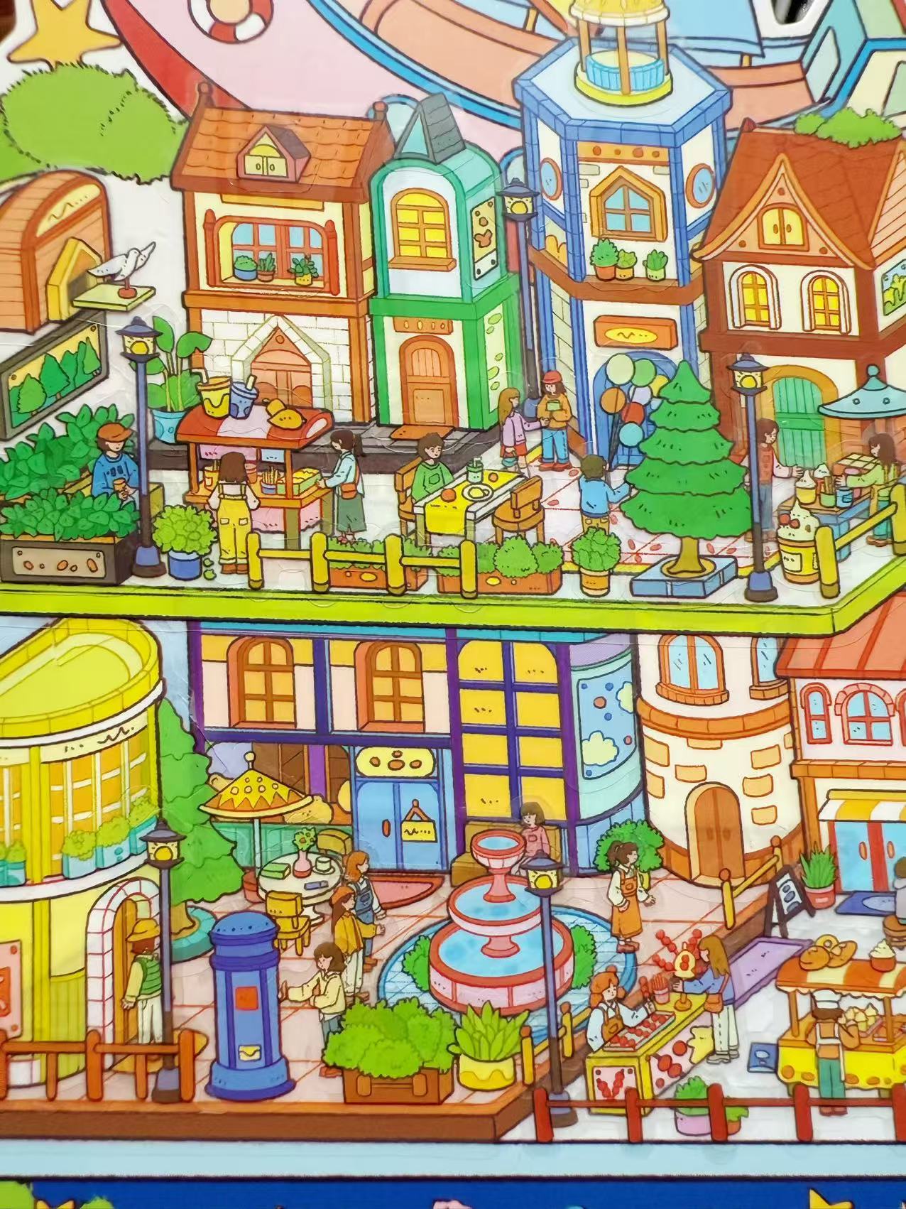 Colorful illustration of a bustling town square with buildings, people, and a fountain.