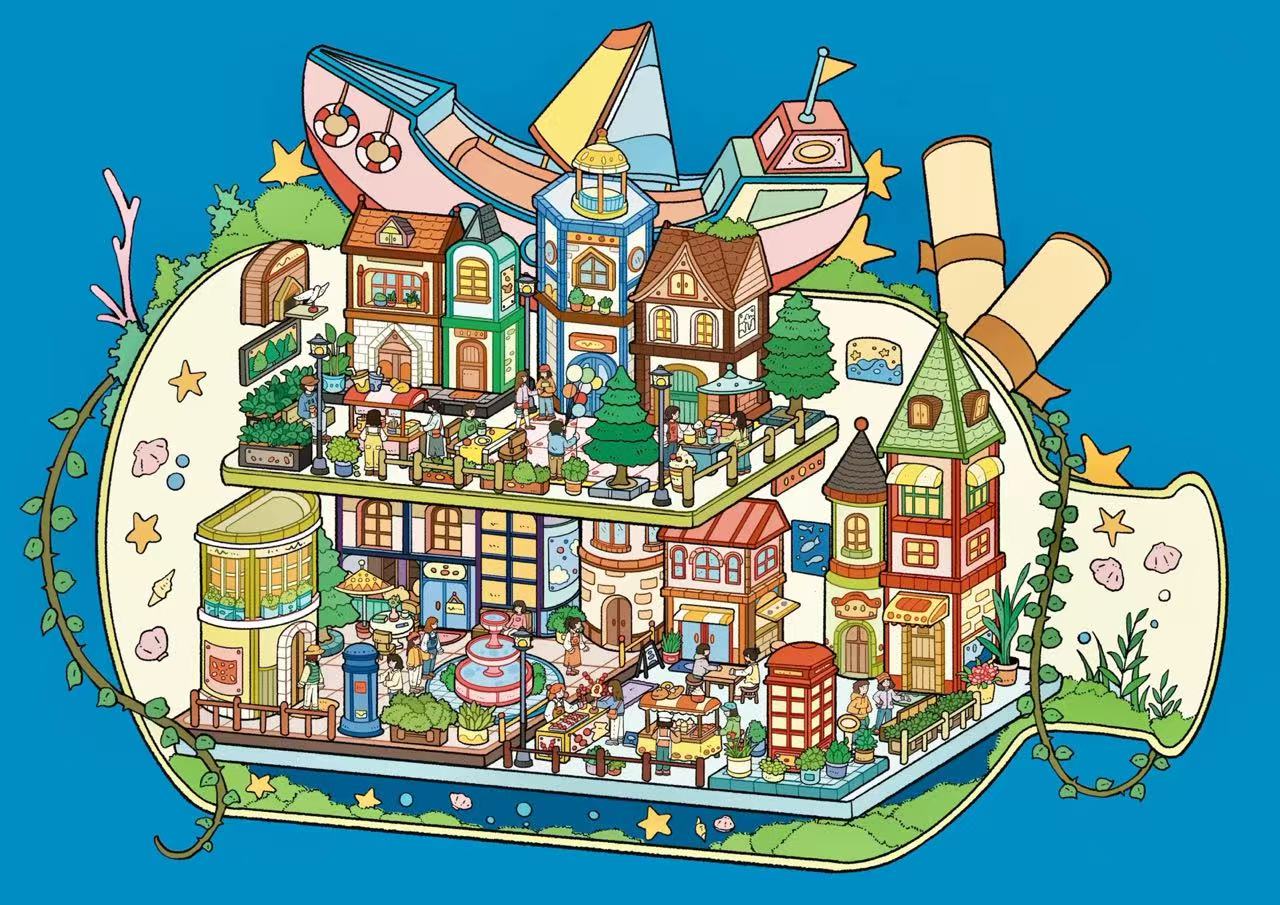 Illustration of a small town on a blue background