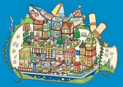 Illustration of a small town on a blue background
