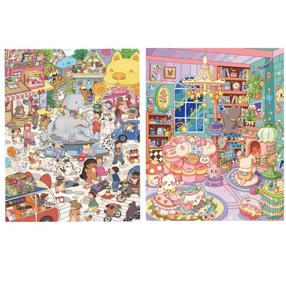 Two panels of a colorful illustration featuring various cartoon characters in a vibrant setting.