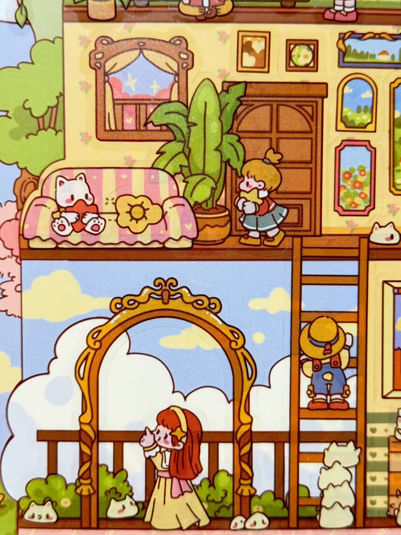 Cartoon-style dollhouse with characters and furniture