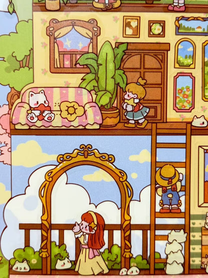 Cartoon-style dollhouse with characters and furniture