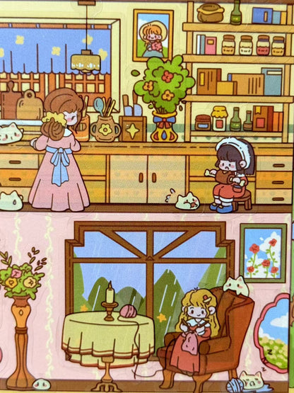 Cartoon-style room interior with characters and decor