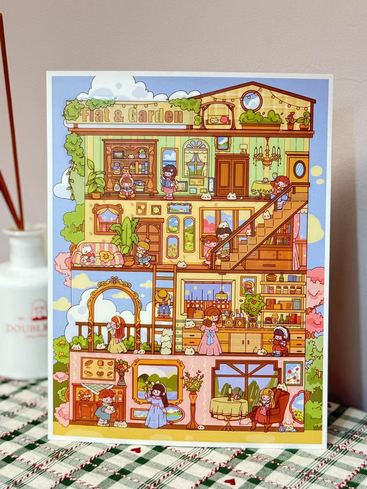 Illustration of a colorful dollhouse with various rooms and characters on a checkered tablecloth.