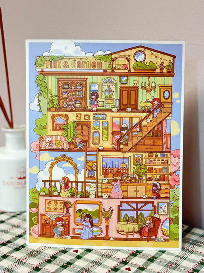 Illustration of a colorful dollhouse with various rooms and characters on a checkered tablecloth.