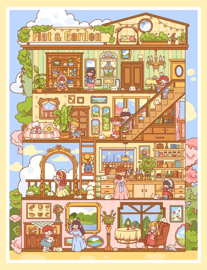 Illustration of a multi-story house with various rooms and characters, titled 'Flat & Garden'.