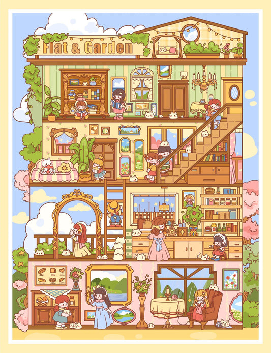 Illustration of a multi-story house with various rooms and characters, titled 'Flat & Garden'.