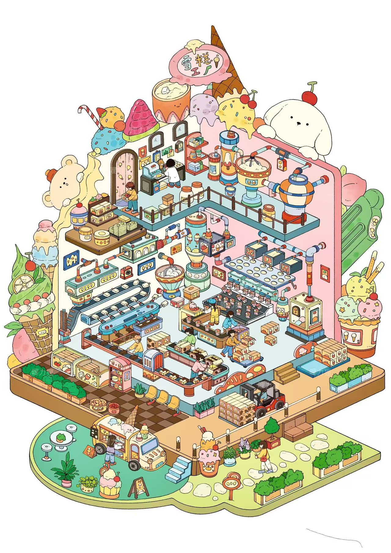 Colorful cartoon-style illustration of a bustling city street with various shops and people.