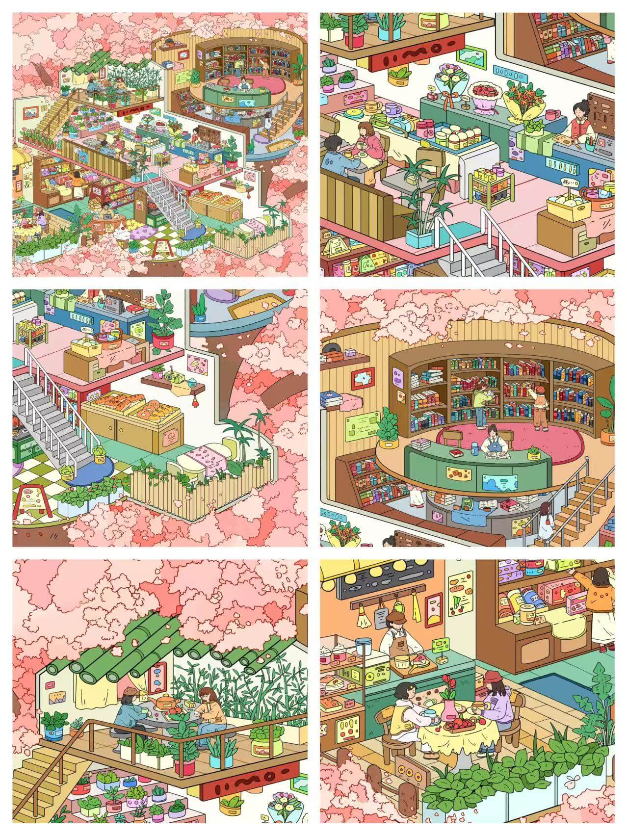 Illustrated shopping mall with various shops and people, featuring a pink floral pattern.
