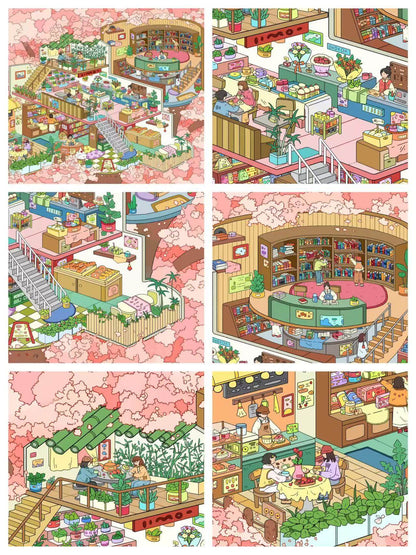Illustrated shopping mall with various shops and people, featuring a pink floral pattern.